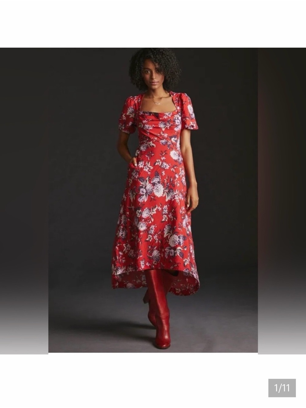 Anthropologie Red and Purple Floral Midi Dress